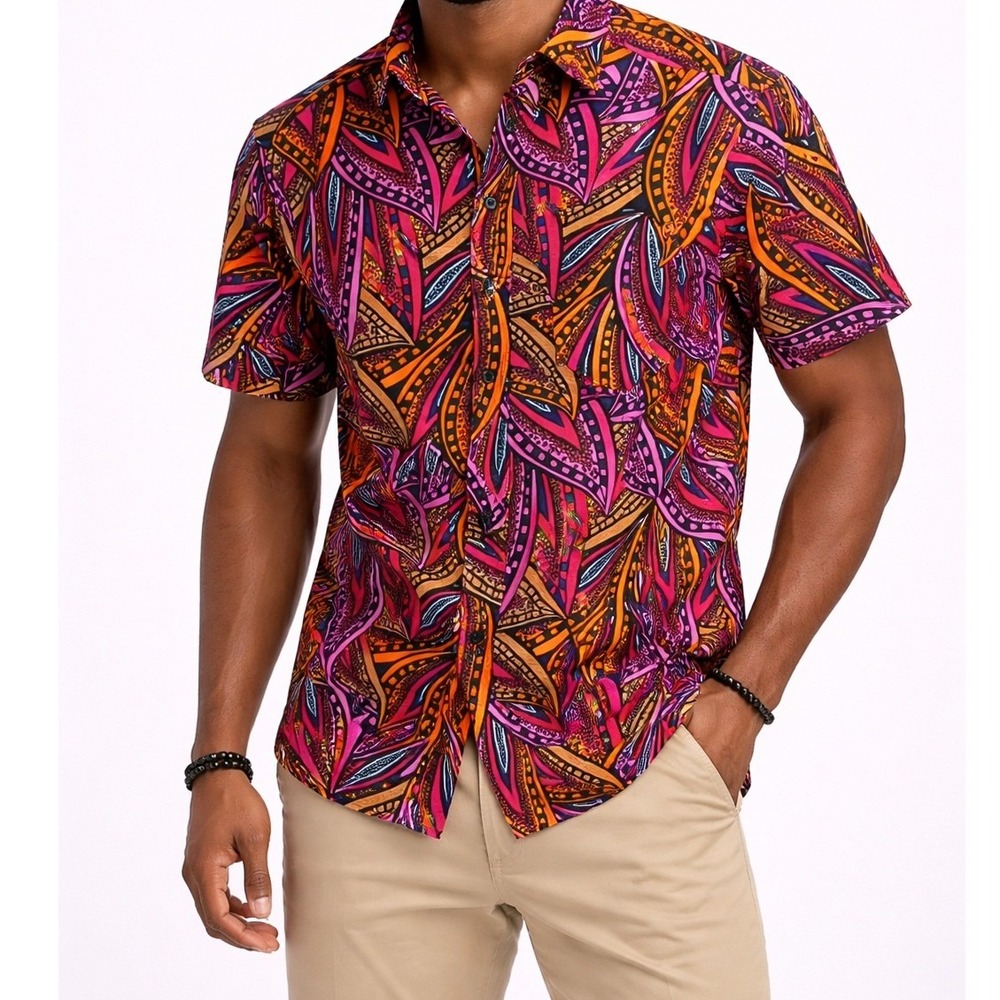 D'IYANU Mens XXL Short Sleeve Button Up Shirt Bold‎ Abstract Print